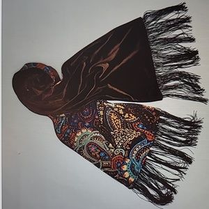 Brown Velvet and  Multi Print Neck Scarf, Shawl and Wrap with Black Fringe